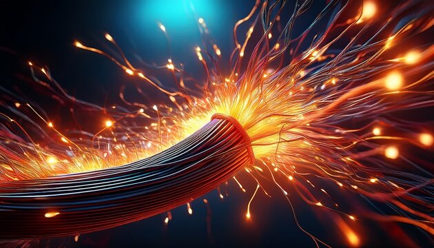 extreme close up of an electrical cable breaking open with intense sparks bursting outward glowing orange energy core exposed wires