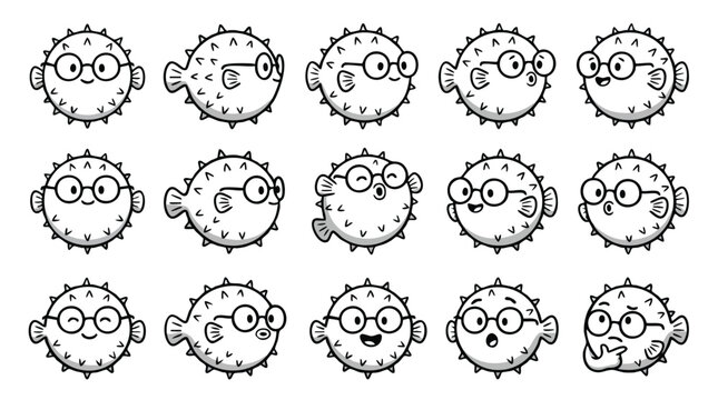 Pufferfish Character with Glasses Line Art Expressions Vector Sheet
