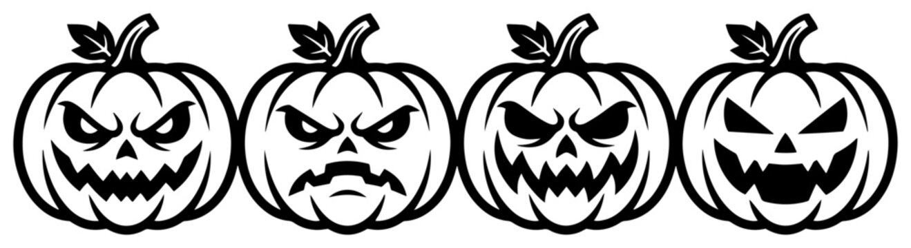Jack-o-lantern pumpkins row with different scary facial expressions silhouette style
