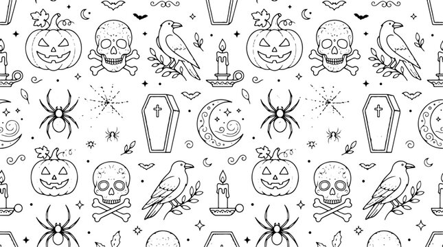 Halloween coloring page seamless pattern with pumpkins, skulls, crows, candles, spiders, and coffins