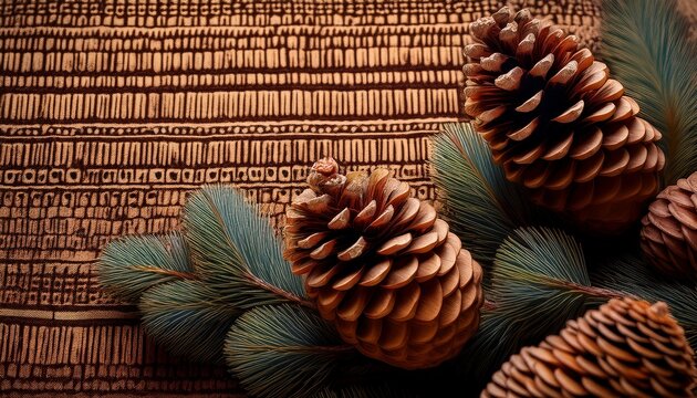 pine cones on an ethnic texture background