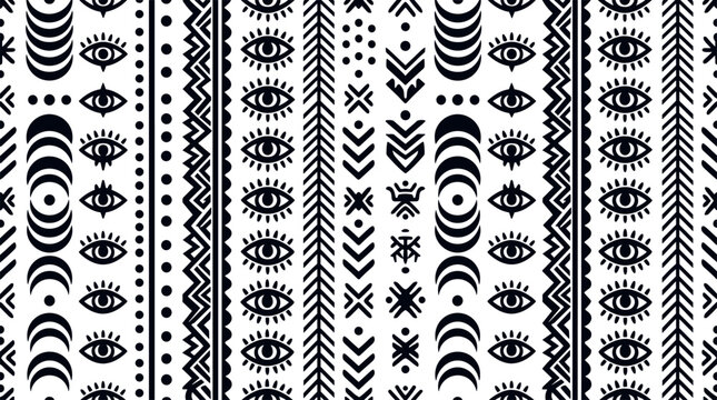Bohemian evil eye seamless pattern vector background featuring tribal geometric borders mystic moon phases and ethnic abstract symbols for occult textile print backdrop design