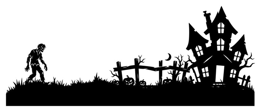 Haunted mansion with zombie and pumpkin graveyard in halloween silhouette style