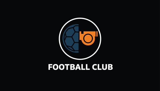 Football club logo design featuring a stylized soccer ball and referee whistle inside a circle on a dark background.