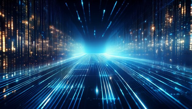 glowing binary code flow on dark blue digital background reflecting data streams for tech concepts