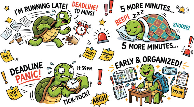 Cute turtle cartoon sticker set illustrating time management skills deadline panic running late sleeping and organized student student planner