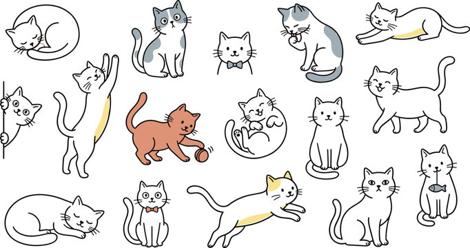 Cute cat vector illustration set featuring adorable kitten characters in various poses like sleeping playing stretching jumping sitting and walking doodle cartoon pet elements
