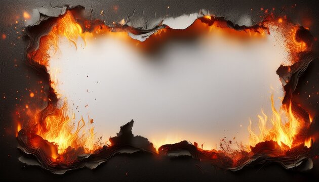 burnt torn paper frame with glowing fire edges white textured background charred paper border glowing embers and sparks flying