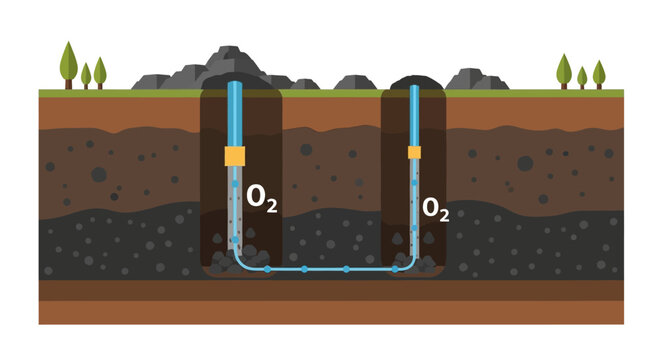 Underground Coal Gasification UCG Process Diagram with Oxygen Injection, Geological Soil Layers, Mining Technology and Energy Extraction Illustration