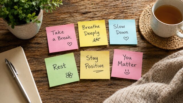 Self Care Reminder Sticky Notes with Positive Mental Health Messages on Rustic Wooden Desk