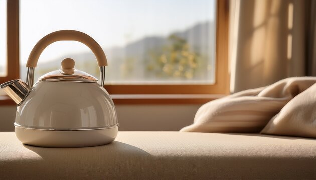 neutral branding background with tactile design featuring a simple kettle placed on a soft surface during daylight hours
