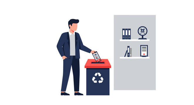 Businessman throwing smartphone into recycling bin for e-waste disposal and corporate sustainability concept