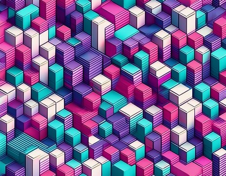 vibrant colorful 3d isometric cube seamless pattern with purple teal pink and white blocks dynamic geometric design for wallpaper textile and digital backgrounds