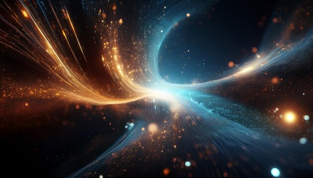 abstract cosmic energy flowing through dark space glowing particles and volumetric light cinematic sci fi atmosphere