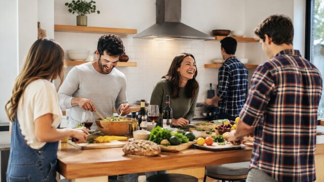 Group of friends preparing a meal together in a modern kitchen, with fresh ingredients and cooking utensils on a wooden countertop, laughter and camaraderie evident