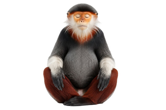 A colorful red-shanked douc monkey practices yoga and meditation in a peaceful sitting posture against a clean white backdrop, symbolizing mental wellness and inner calm.