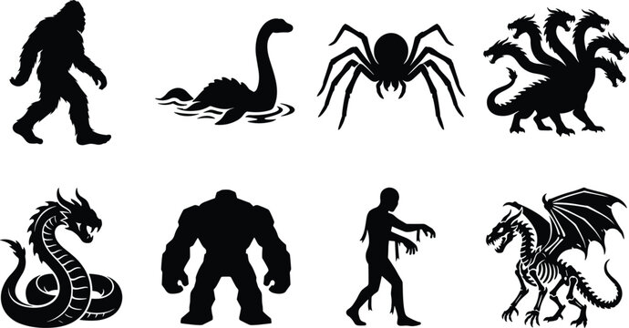 Fantasy creature silhouette collection featuring Bigfoot, Loch Ness monster, hydra dragon, serpent, golem, zombie, spider, skeletal dragon