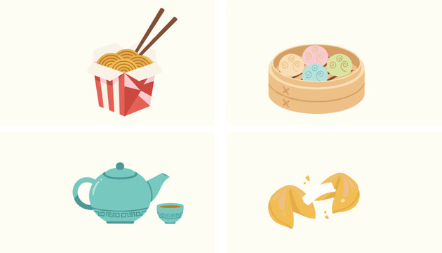 Traditional Chinese food elements including takeaway noodles, dim sum in a steamer, fortune cookies, and a teapot.