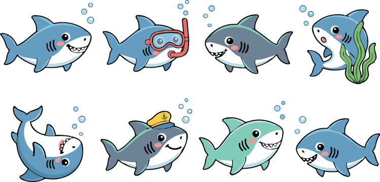 Cute baby shark vector illustrations featuring adorable marine characters with snorkel mask captain hat bubbles and seaweed underwater sea life collection
