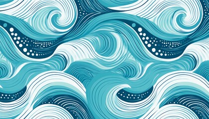 vibrant teal and blue ocean wave seamless pattern with flowing water shapes and bubble dots on white background fresh aquatic design for summer textile wallpaper and home decor