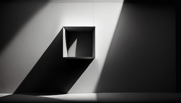 cube shape carved out from wall using shadow and light only black and white photography