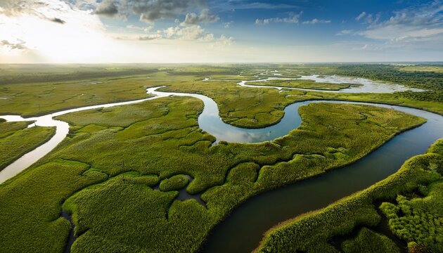 wetlands curves and channels create diverse patterns in green landscape near the water