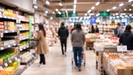 Obraz premium Blurred Supermarket Interior with Shoppers Walking Through Grocery Store Aisles Background