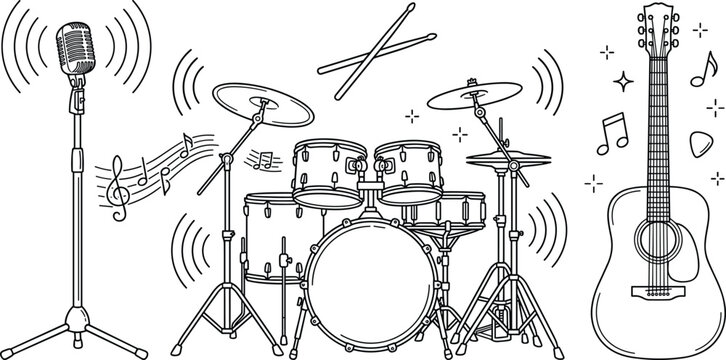 Musical Instrument Vector Set featuring Complete Drum Kit Acoustic Guitar Vintage Microphone Stand Drumsticks and Sound Waves Line Art Icons for Rock Band Posters