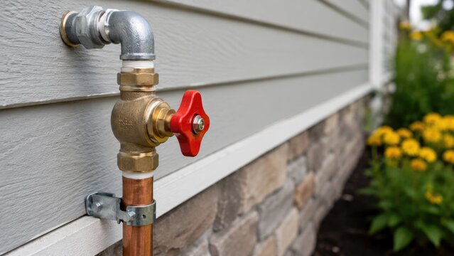 Outdoor Water Shut Off Valve Installed on House Exterior Plumbing System Close Up