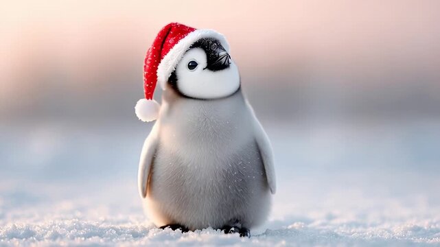 ?Adorable penguin chick in santa hat joyfully dancing in the snow