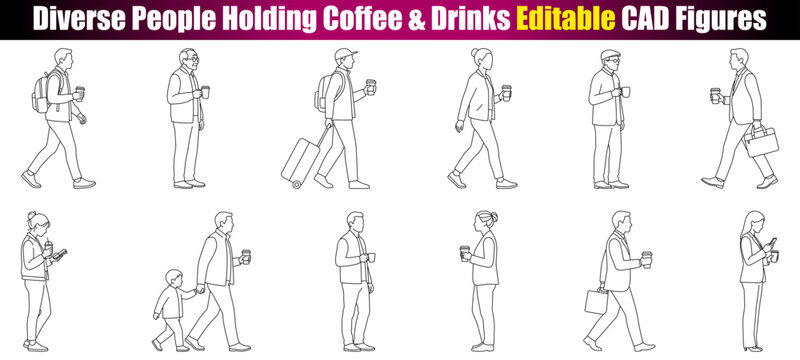 Diverse People Holding Coffee and Drinks CAD Figures Side Elevation Editable Clean Architectural Human Outline Collection with Walking, Standing, Phone, Travel and Parent Poses