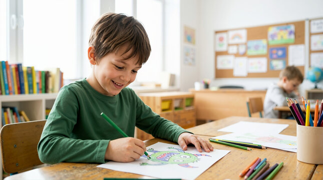 Happy boy coloring a monster drawing with pencils at a desk in a classroom. Smiling elementary student enjoying a fun and creative art activity. Primary school education concept