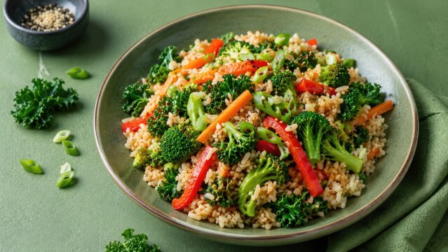 Healthy Vegetable Brown Rice Stir Fry with Broccoli Kale and Bell Peppers in Bowl