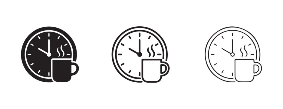 clock and coffee cup in different styles on white background  coffee time concept