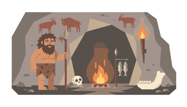 Primitive caveman holding a spear inside his rocky home decorated with prehistoric paintings, bonfire, and fish.