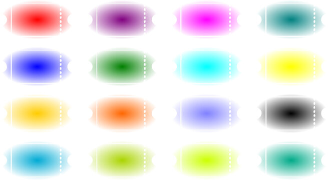 Collection of colorful neon gradient ticket shapes and blank voucher templates featuring abstract soft glow coupon vectors with stubs isolated on white background.