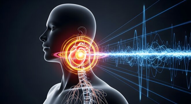 Digital illustration of human throat anatomy with sound wave visualization.