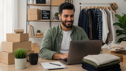 Fototapeta premium Happy Small Business Owner Managing Online Clothing Store Orders from Home Office