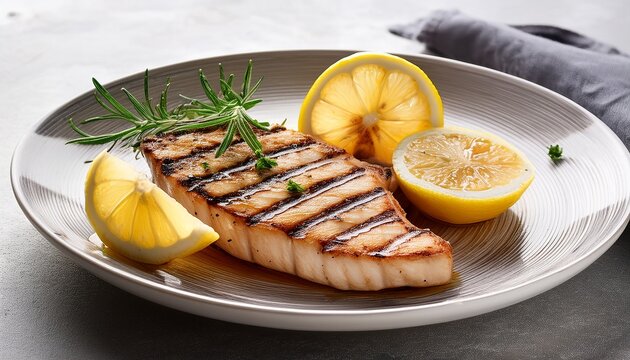 grilled swordfish steak with lemon accent light stone tabletop