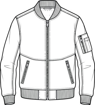 Black and white drawing of a bomber jacket with zippers  front view