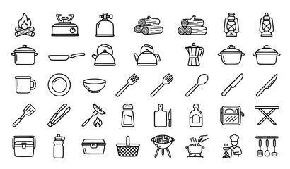 Naklejka premium Outdoor Camping Kitchen Outline Icons Vector Collection