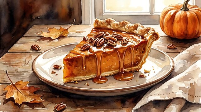 Delicious slice of pumpkin pie with pecans and caramel sauce