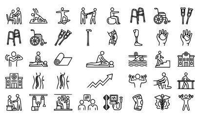 Naklejka premium Physical Therapy and Rehabilitation Line Icon Set Vector