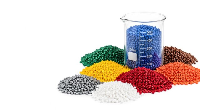 Colorful Plastic Polymer Pellets with Laboratory Beaker for Manufacturing Industry