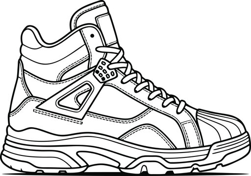 Detailed illustration of a high top hiking boot with laces and buckle strap