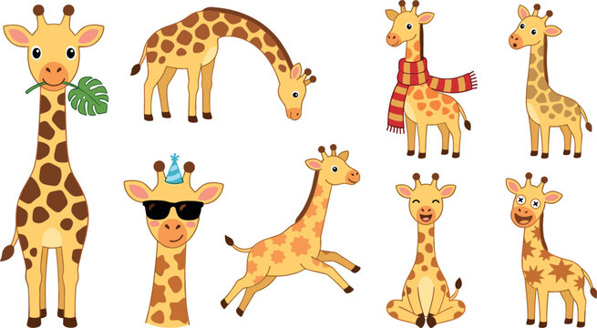 Kawaii giraffe illustrations collection with adorable african wildlife characters wearing sunglasses and birthday party hat isolated on white background for kids nursery