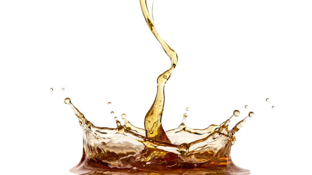 Amber liquid pouring down creating a large splash with a central column and crown shaped rim, isolated on a solid black background, macro