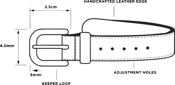 Detailed illustration of a leather belt with buckle and measurements