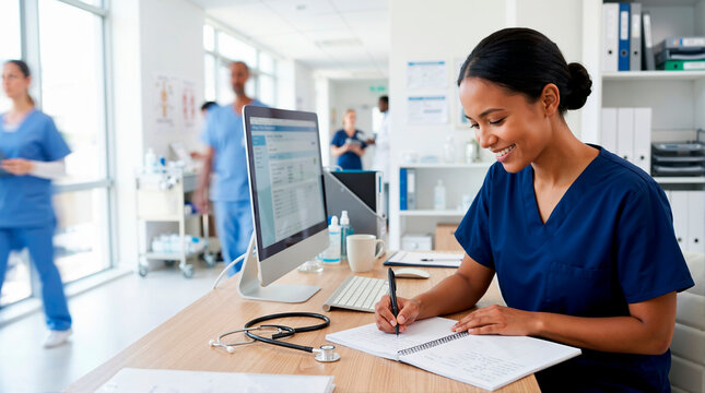 Smiling female medical assistant writing in notebook at desk. Professional nurse in scrubs working in busy hospital clinic with stethoscope and computer. Healthcare administration concept