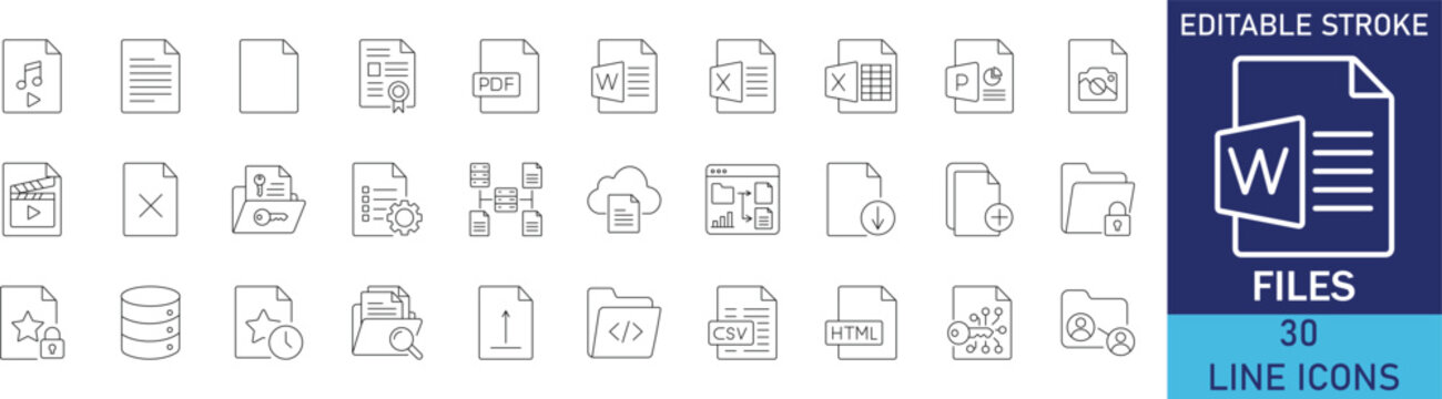 Digital files and document format organization line icon set. Vector symbols for paper layout sheet, folder storage, data upload download, text attachment, and archive management.